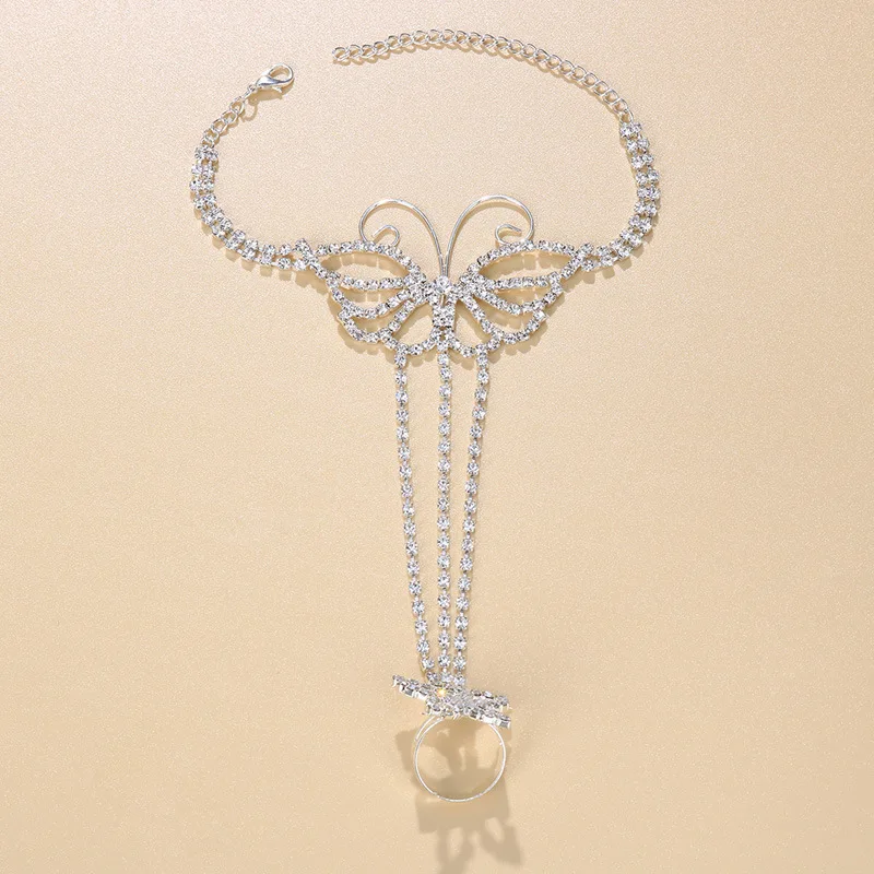 Boho Style Silver Plated Butterfly Rhinestone Anklet Women Beach Shiny Diamond Toe Rings Anklets Butterfly Foot Chain Jewelry