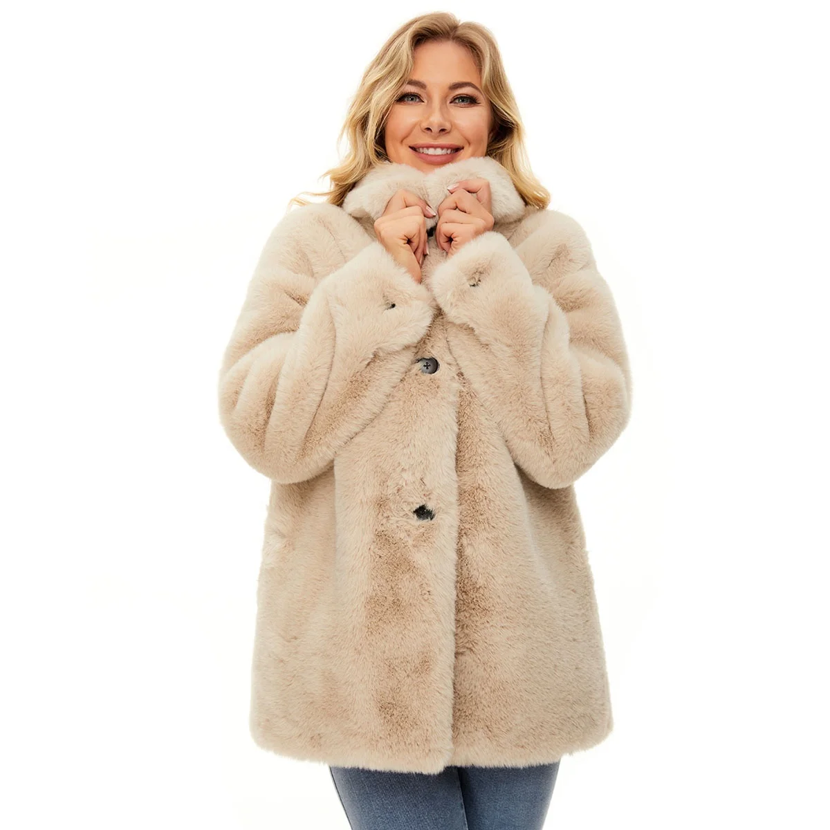 
2021 New arrived high quality fashion beige color faux rex rabbit fur ladies winter furry coats 