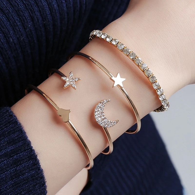 
Newest 4PCS/Set Fashion Cuff Bracelet Bangles Sets for Women Crystal Star Moon Heart Charm Ladies Bracelet Bangle Jewelry Set 