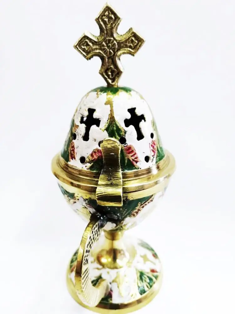 Gold White Green Handpaint Incense Burner - Perfume Burner Gold - Burner Censer - Censer Bronze