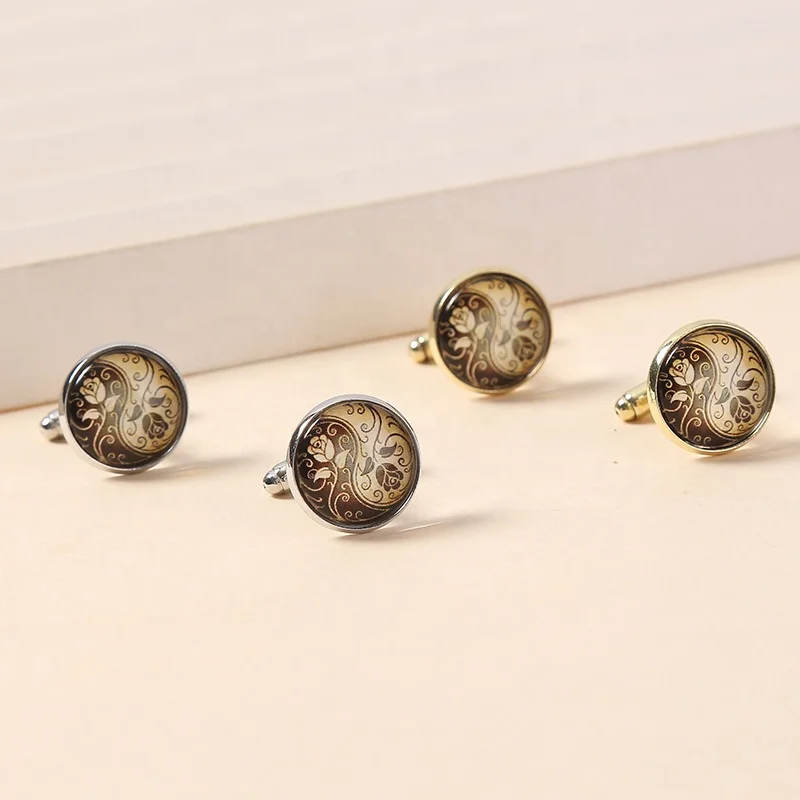 Lot stock personalized metal cuff links traditional cufflink round vintage flowers yiwu wholesale cufflinks