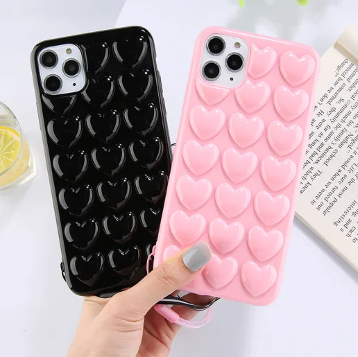 3D Love Heart Phone Chain Case For iPhone 11 12 13 14 Pro Max 6 6s 7 8 Plus X XR Soft TPU Back Cover