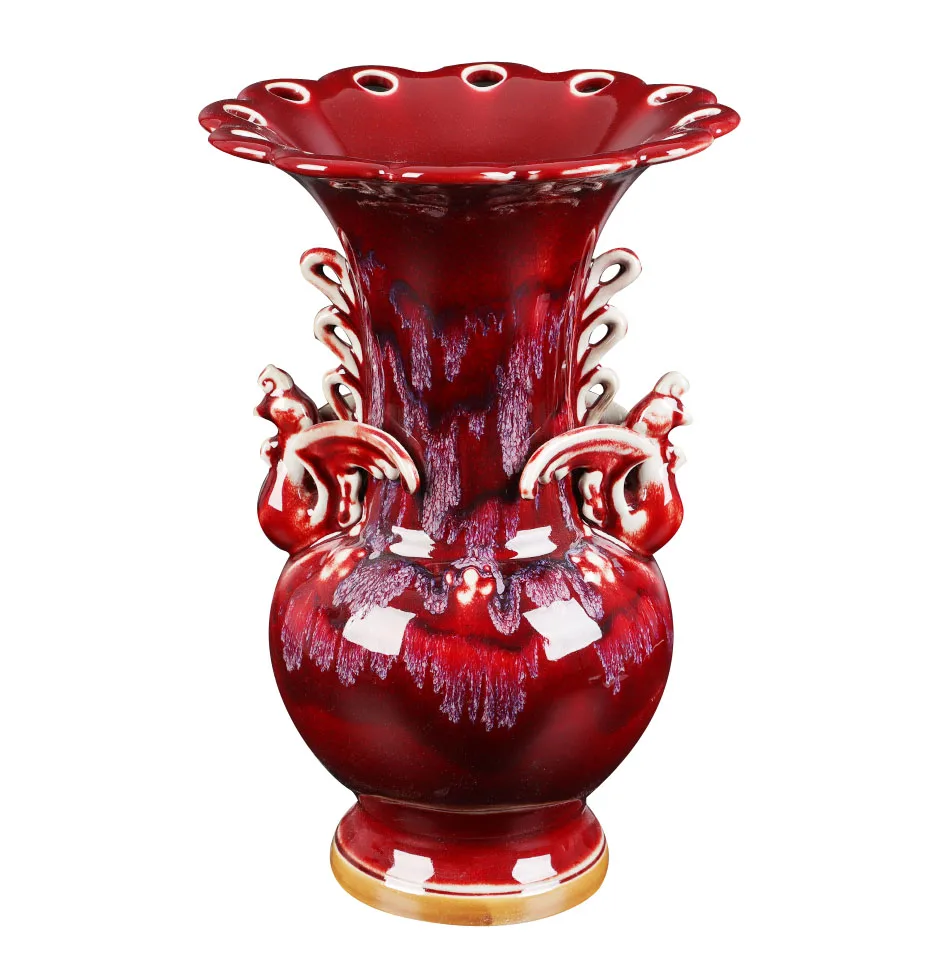 Sell Well Oriental Ceramic Flambe Glaze Vase Ceramic Home Decor Flower Red glazed large mouth ceramic vase