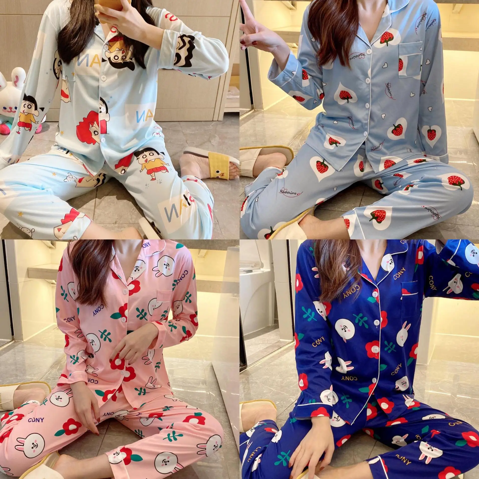 korean sleepwear pajama womens best selling monsoon Long-sleeved cardigan home service cartoon suit Cotton sleep wear piyama set