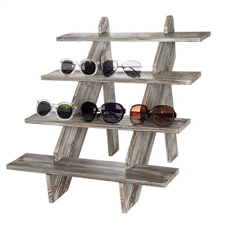 Cascading 4-tier rustic torched retail wooden cake stand and display risers