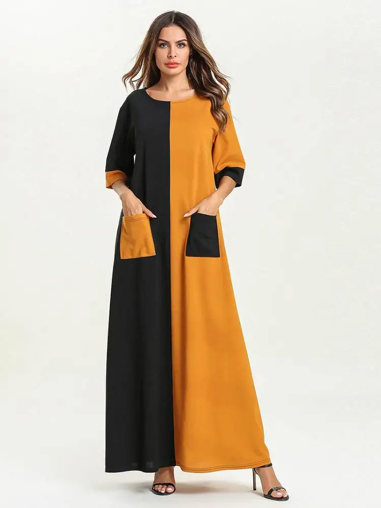 
Simple fashion long sleeve splicing new model abaya in dubai thin dress Muslim robe loose long Dresses 