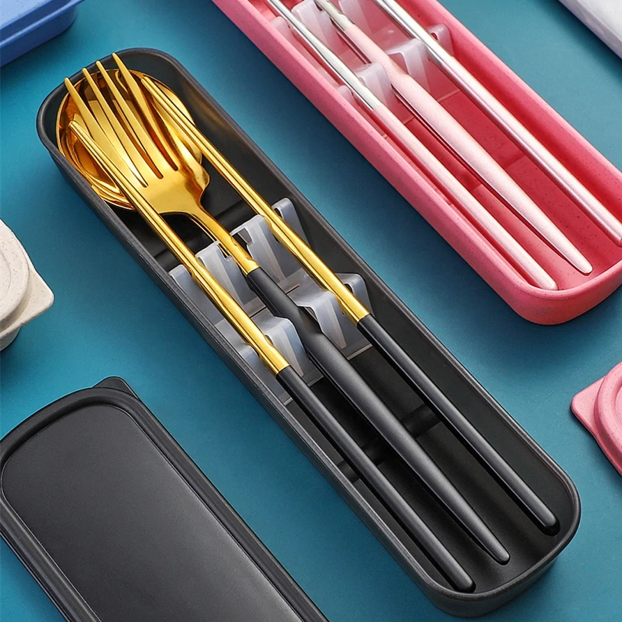 Reusable camping Cutlery Stainless Steel Metal Straw spoon fork chopsticks Portable Travel Cutlery Set with Case