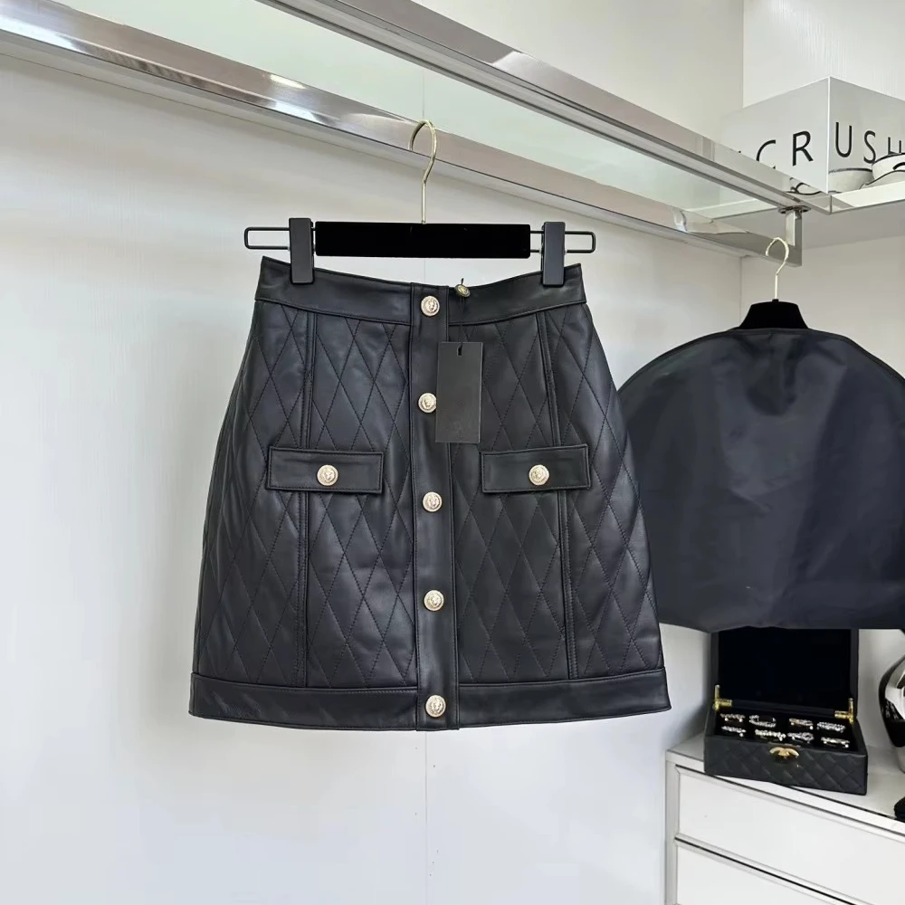 New arrivals dropshipping top quality womens ladies elegant check pattern short real sheepskin leather skirt