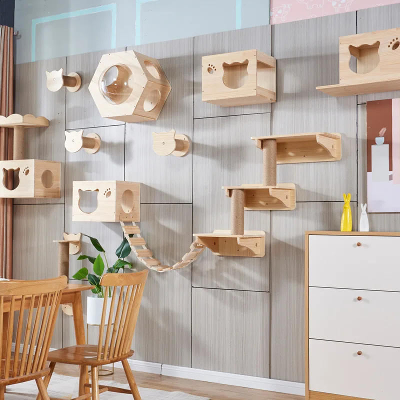 large Cats Wall-hanging solid wood trees scratcher Wall Furniture Cat Jumping Platform Cat Scratching Post