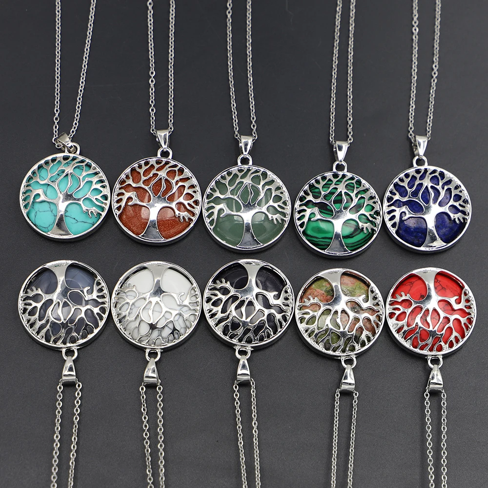 Fashion Natural Stone Round Original Necklace Agates Tree Of Life Lucky Pendants Reiki Charms Jewelry Accessories 1Pc Wholesale