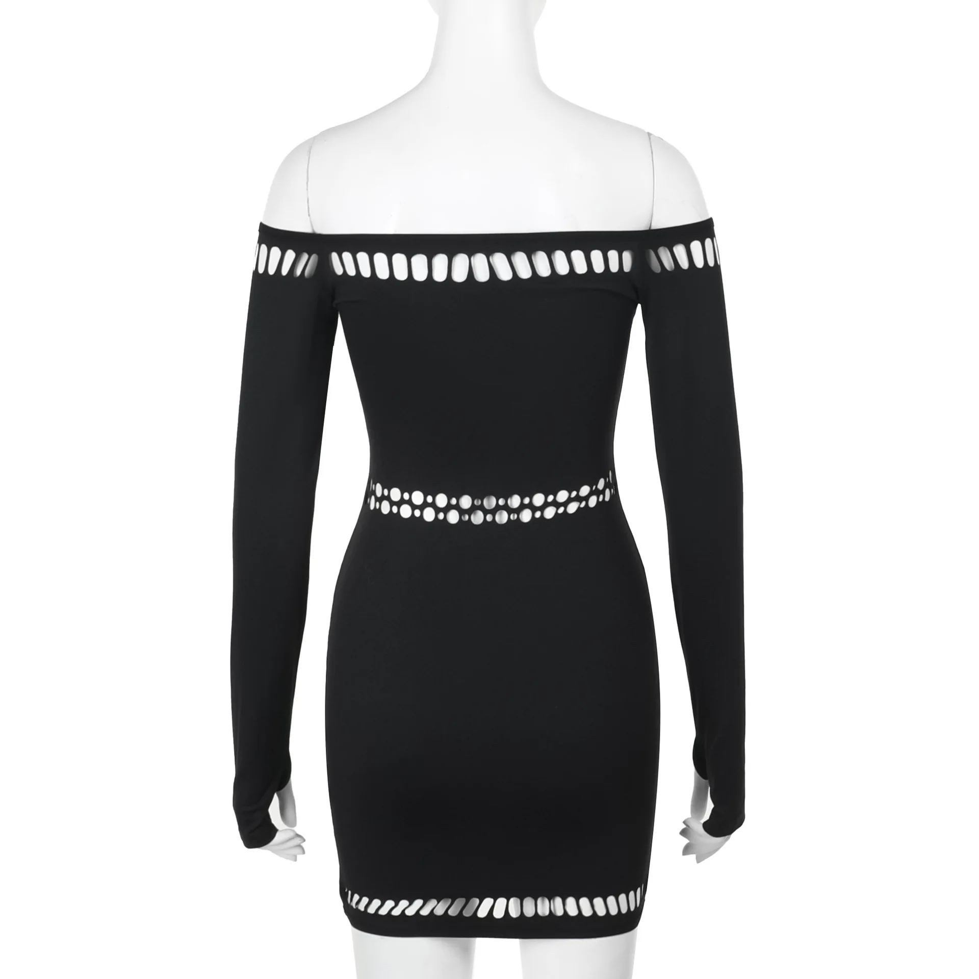 Long sleeve off shoulder hollow out backless black mini bodycon dresses sexy dress for women party club night