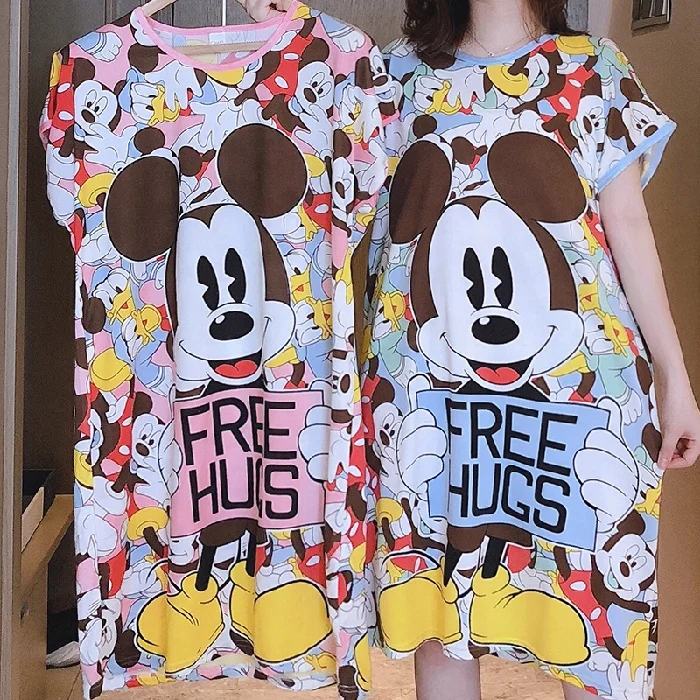 Summer Cool Fashion Milk Silk Mickey Pajamas Skirts For Women Short Sleeve O-neck Cartoon Printing Oversize Loose Night Dress