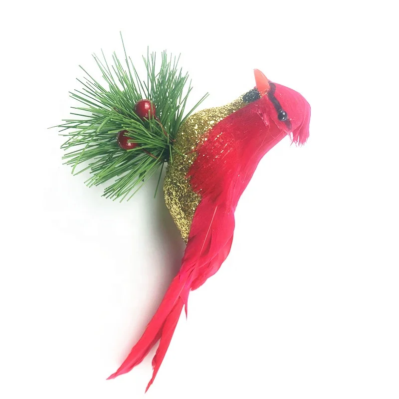 Feather Bird Red Cardinal Birds with Clips Christmas Tree Decor and Ornament