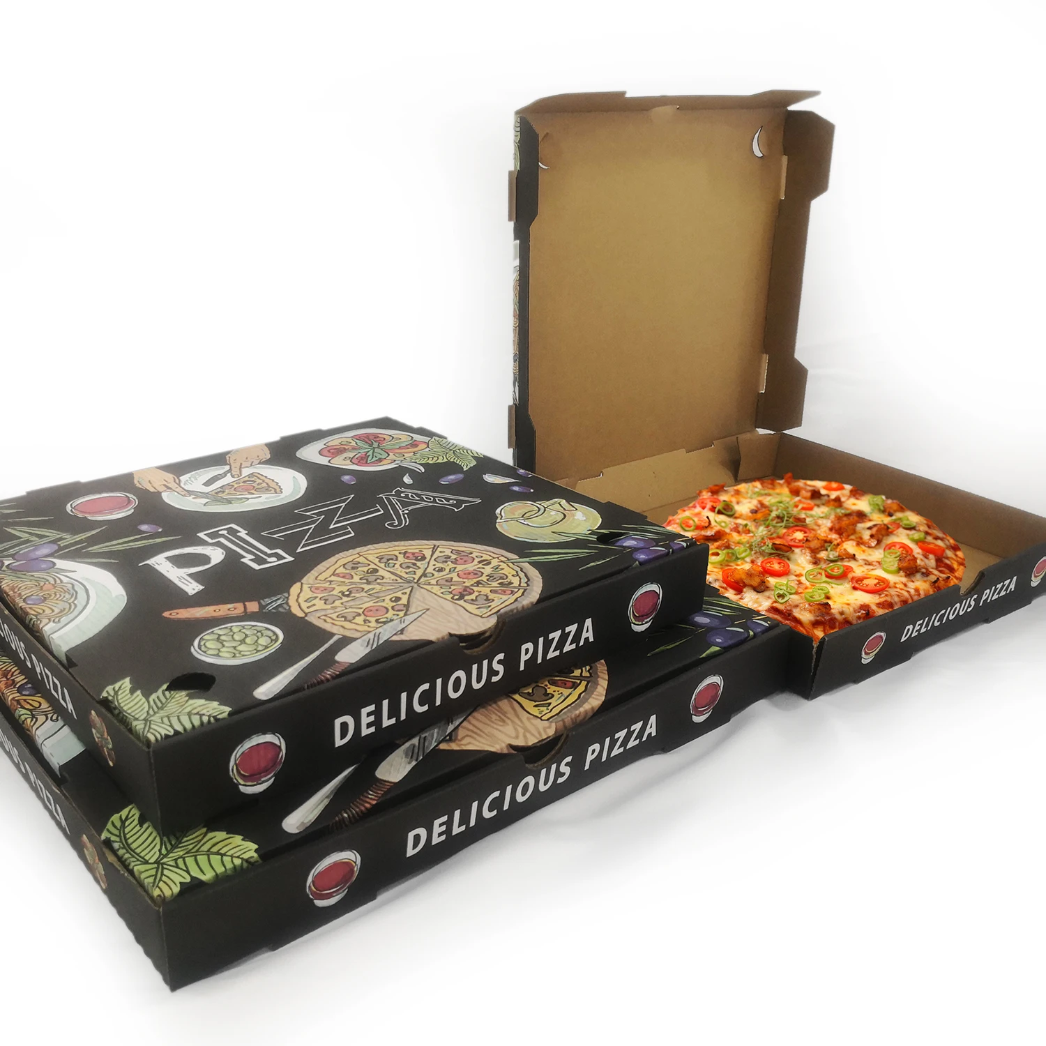 High Quality Food Grade Boxes Pack Custom Printed Caja Para Pizza Design Cardboard Black Slice Carton Price Corrugated Pizza Box