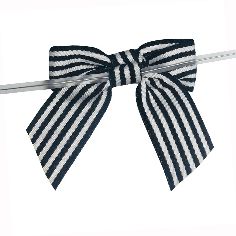 Wholesale Black and White Stripe Grosgrain Ribbon Bow With Wire Twist