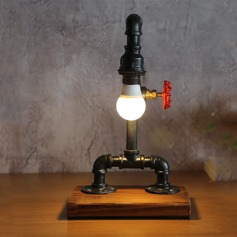 Modern Industrial Style Desk Lamp Wood Base with Iron Pipe and Glass Metal for Steampunk Wall Decor Home Interior Design