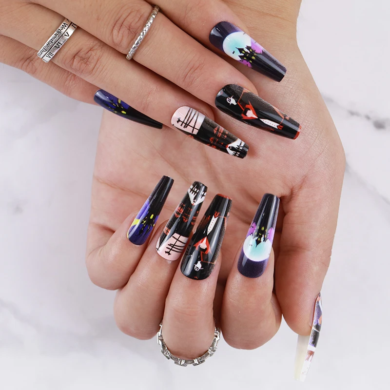 24piece Long Coffin Ballet Shapes Halloween Nail Stickers Designs Charms Artificial Press on Nails With Glue
