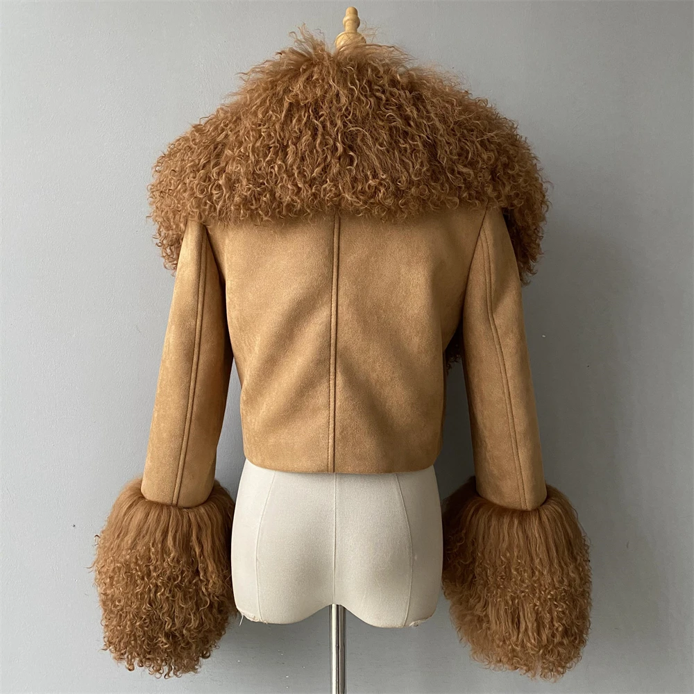 Full Sleeves Soft Women Genuine Sheepskin Coat Lamb Fur Collar Fall Winter OEM Custom Logo Cropped Real Sude Leather Jackets