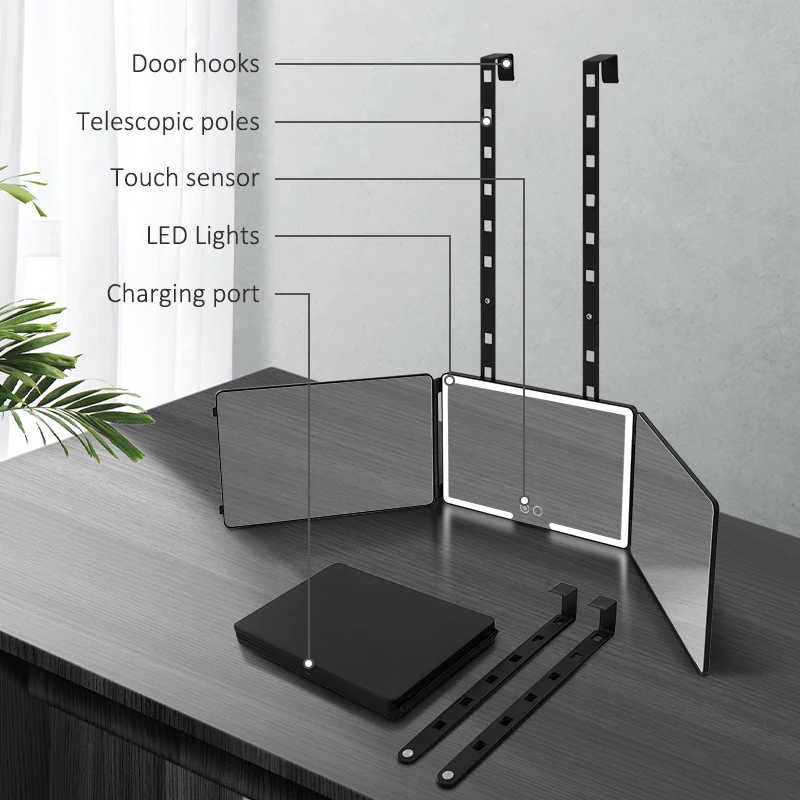 Custom Big Make Up Barber Shop Self Cut Mirror 360 Espelho Com Hair Salon Led Vanity Makeup 3 Way Mirror With Led Lights