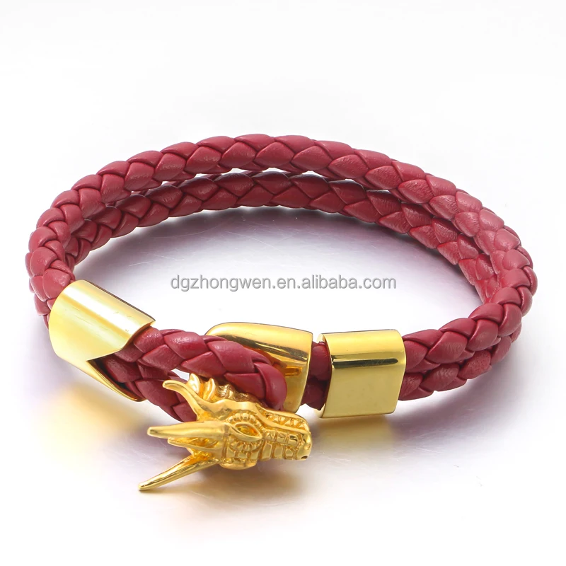 High Grade Dragon Head Punk Style Stainless Steel 18K Gold Plated Clasp Braided Leather Bracelet for Men