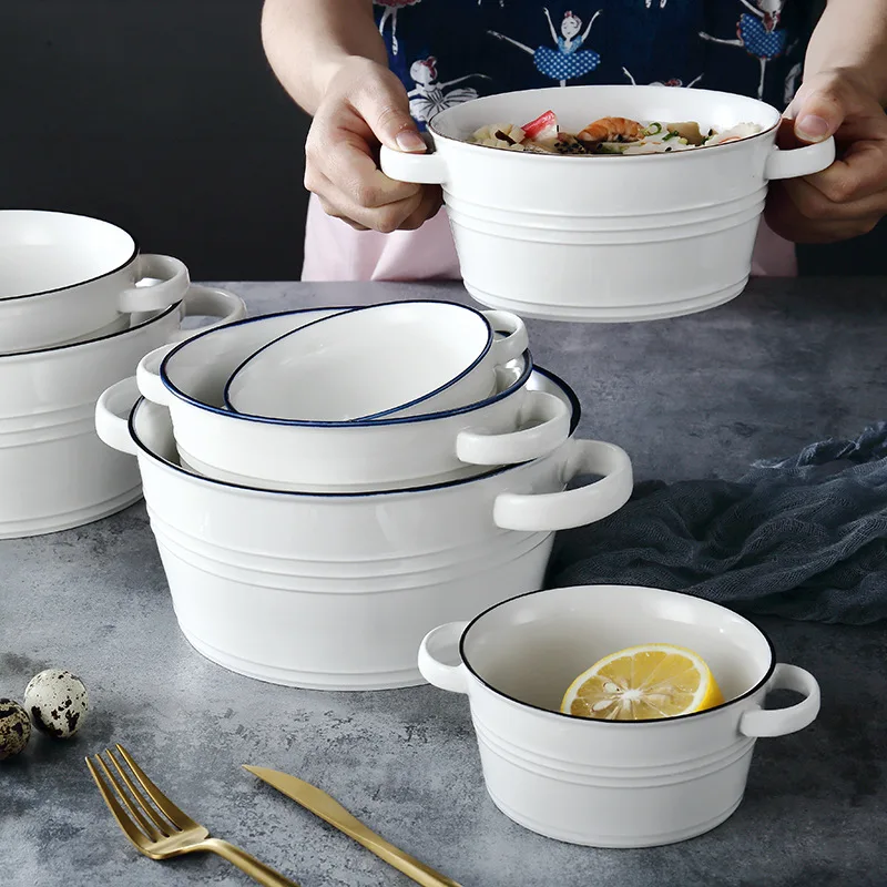 Nordic ceramic two-ear bowl simple black edge tableware household soup noodle bowl baking utensils wholesale custom