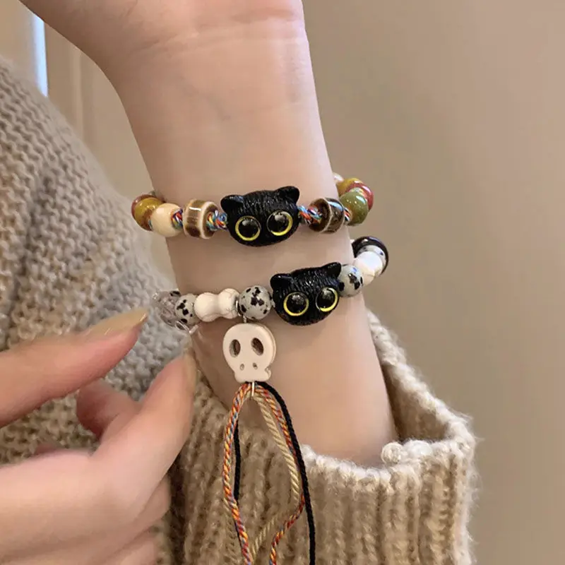 Skull Cat Ceramic Braided Rope Bracelet Personalised Fashion Beaded Jewelry Tassel Colourful Braided Rope Bracelet
