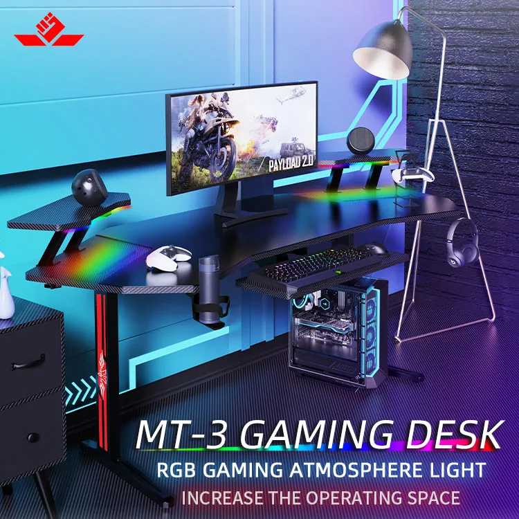 Большой настольный игровой стол Rgb угловой компьютерный для киберспорта черный ПК со светодиодной симфонией и окружающим