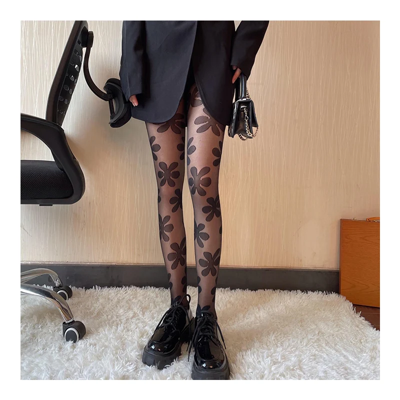 Черные колготки из жаккардового плетения с большим цветочным дизайном сексуальные женские