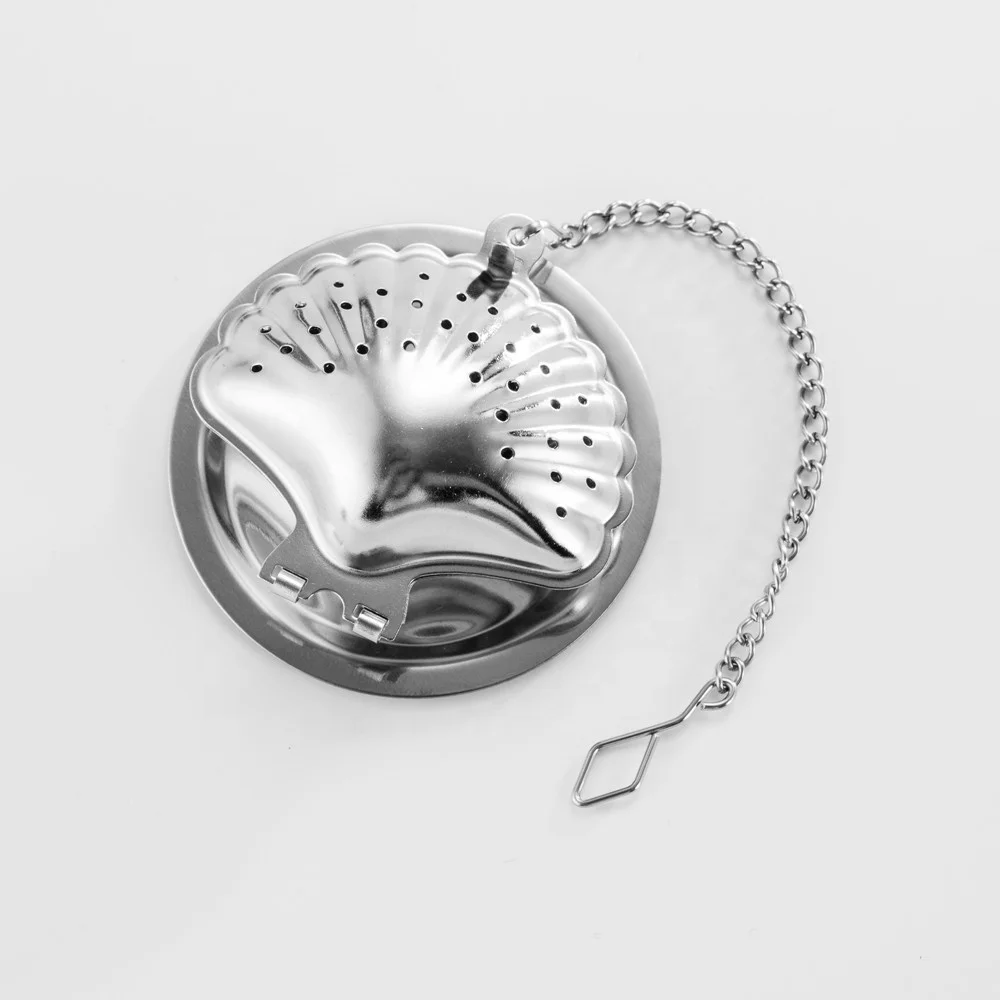 Wholesale Seashell Shape Stainless Steel Tea Strainer Tea Infuser with Chain Hook and Drip Tray