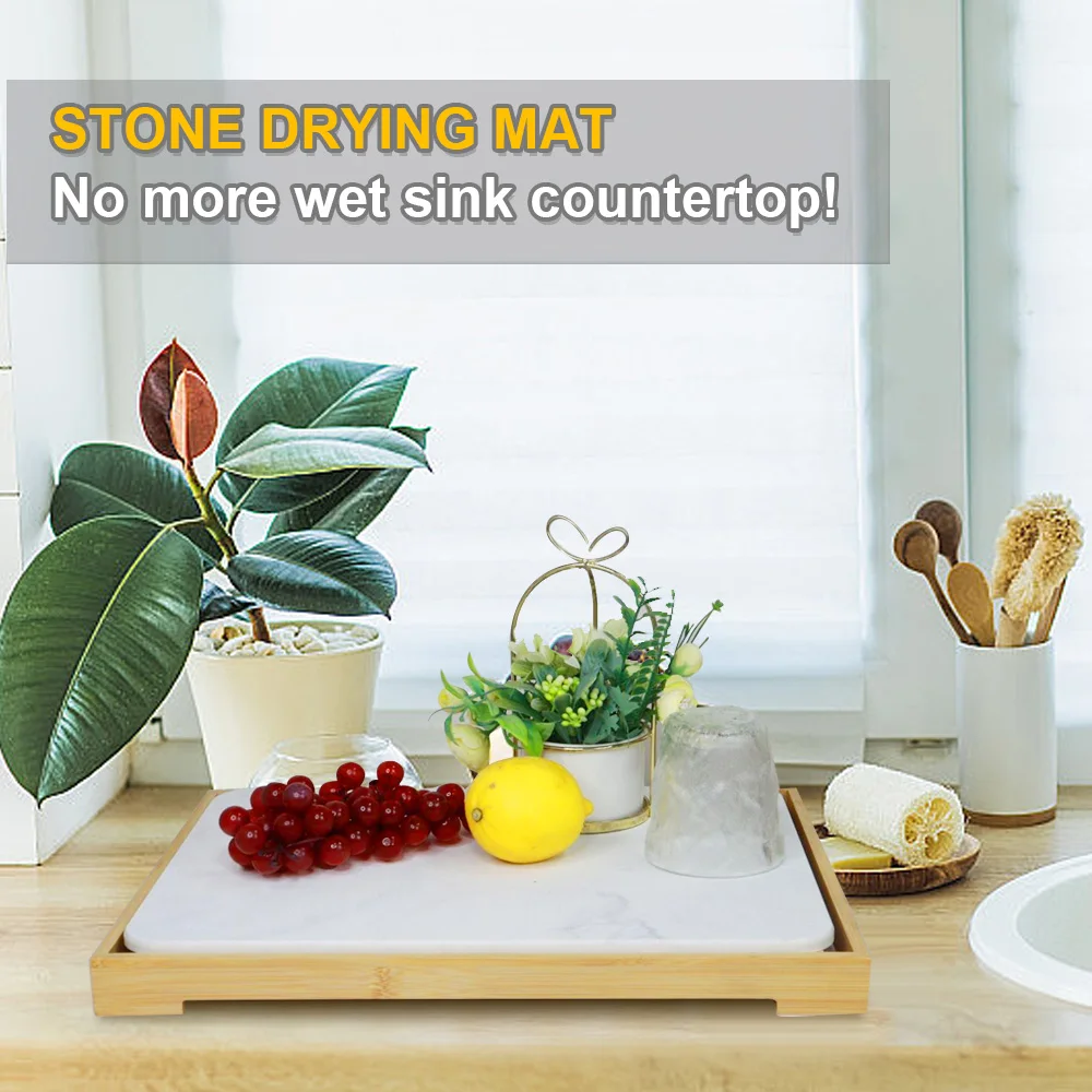New Diatomite Quick Dish Drying Rack Absorbent Mat Tray Stone Dish Drying Mats with Bamboo Rack Dish Pad for Kitchen Counter