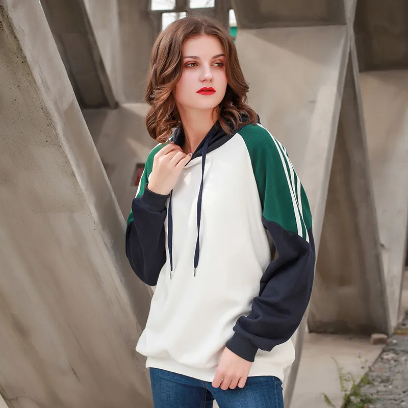 fleece sweatshirt 350g cotton non-tumbling Hong Kong style trend color-block sleeve puller sports fitness sweat