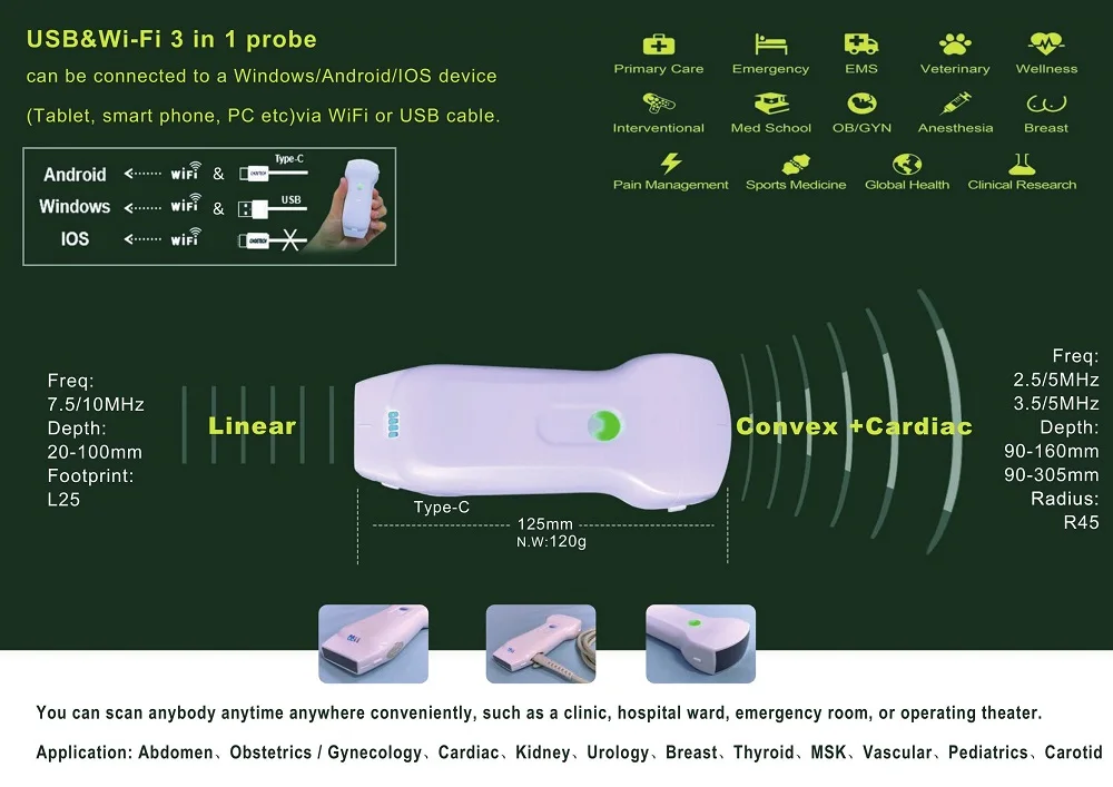 wireless wifi ultrasonido porttil con sonda convex y lineal portable ultrasound with linear and convex probe