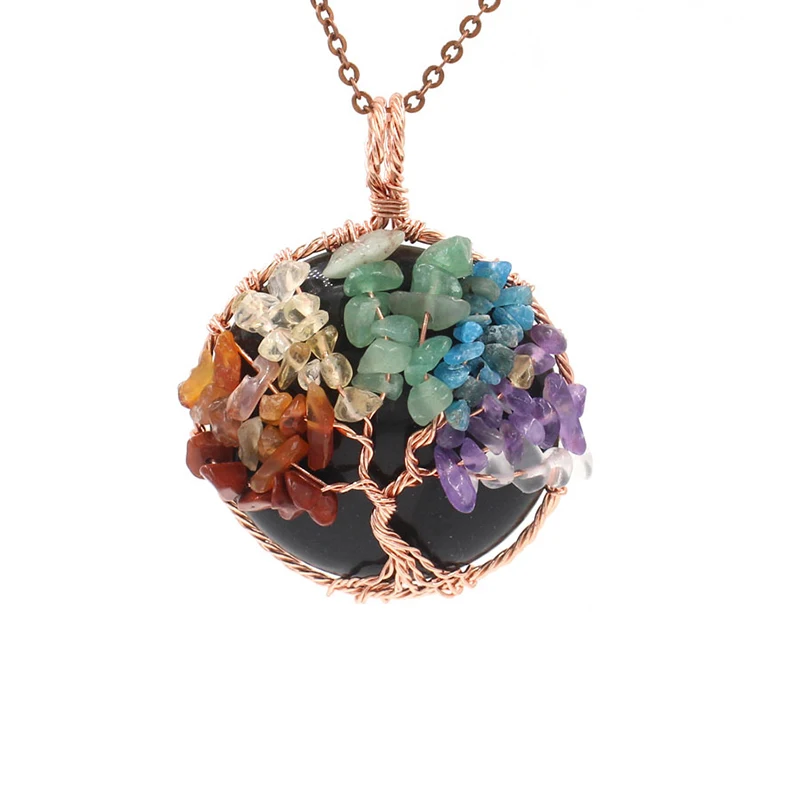 Bohemia Style 7 Color Chakra Crystal Stone Tree Of Life Pendant With Black Agate