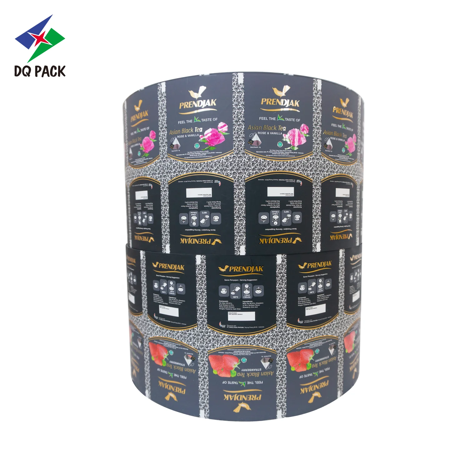 DQ PACK Custom flexible pack food packing flow wrap sachet film rolls for coffee tea powder dried food