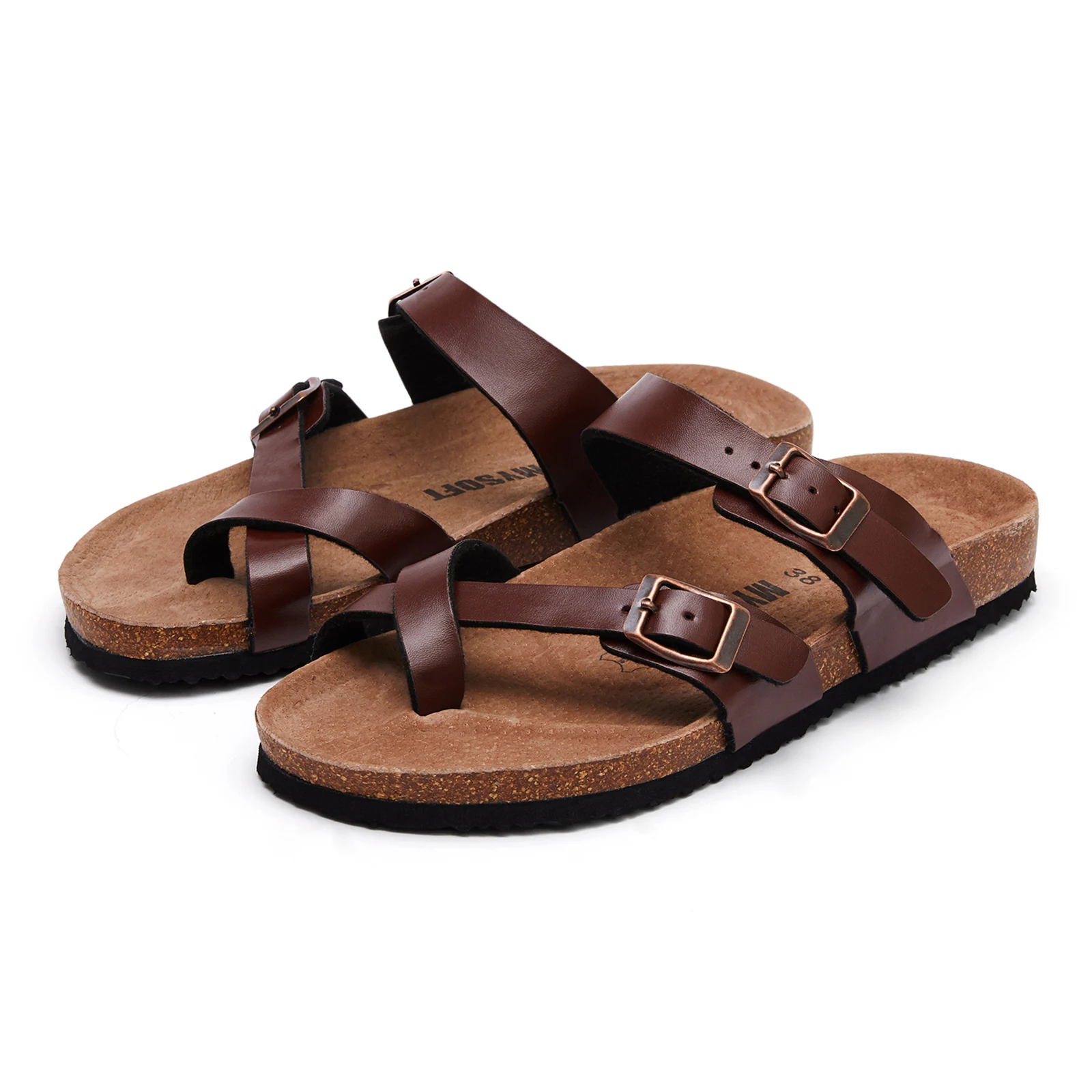 New fashion breathable pu leather cork sole flat slippers shoes women slide sandal