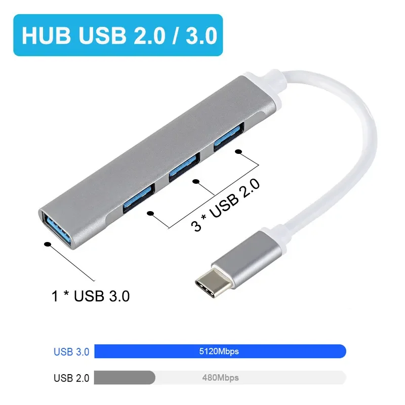 USB C HUB 3.0 Type C 3.1 4 Port Multi Splitter Adapter OTG For PC Computer Accessories