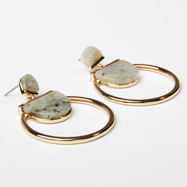 V&R Qingdao Jewelry Bijoux French Wire Earring Big Synthetic Malachite Stone Blue Zircon Rhinestone Gold Plated Earrings