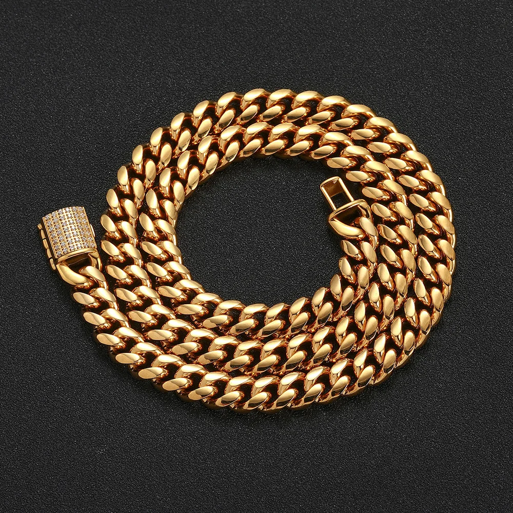 Hip Hop Thick Encryption Cuban Necklace Gold Plated Full Diamond Buckle Miami Cuban Chain Jewelry For Men