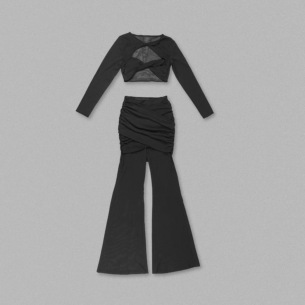A8706 Hot Selling Beige Black Women Two Piece Suits Cutout Tops Sexy Ladies Two Pieces Suits