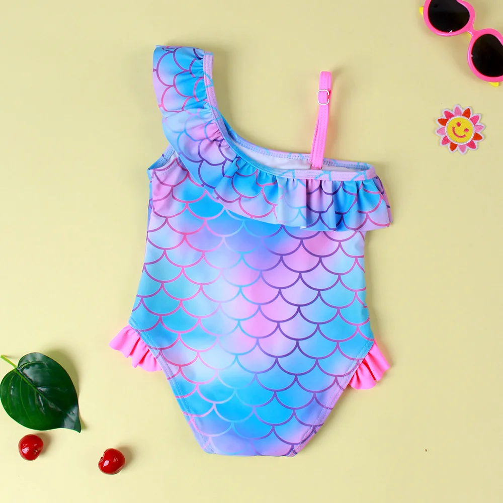 Girls Cute Cartoon Mermaid Tie Dye Ruffled Swimsuit Cami One Shoulder One piece Swimsuit