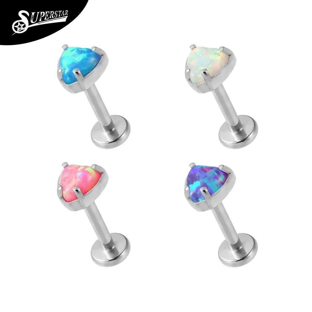 Superstar Custom fashion ASTM F136 titanium prong setting heart-shaped opal lip stud body piercing jewelry threadless labret