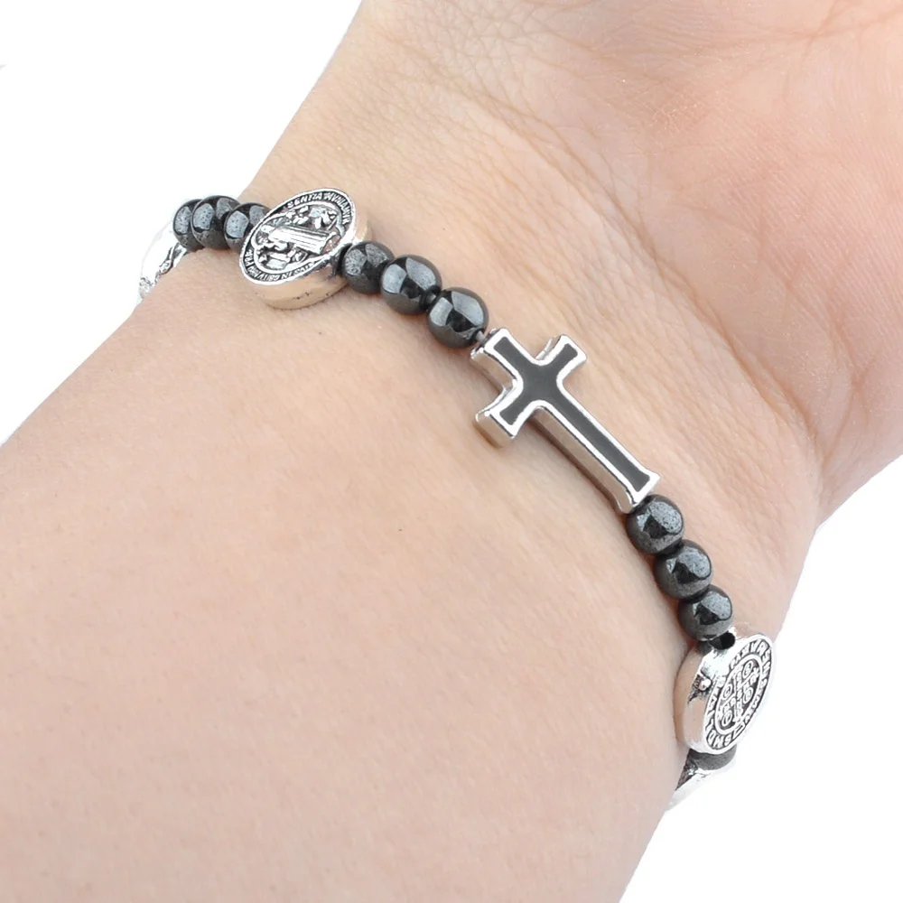 Hematite Crucifix Bracelet Elastic St Benedict Metal Beads Hematite Men Bracelet