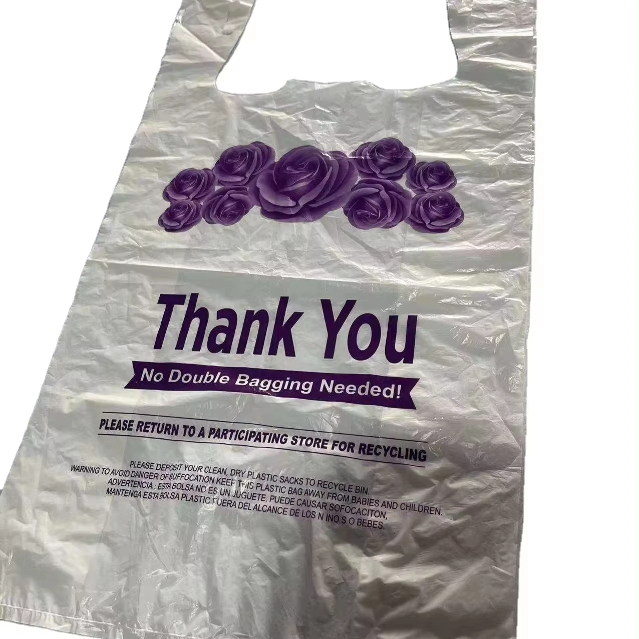 HDPE Plastic White Thank You T-Shirt Bags, 1/6 Size Flower Design Reusable Recyclable Shopping Bags