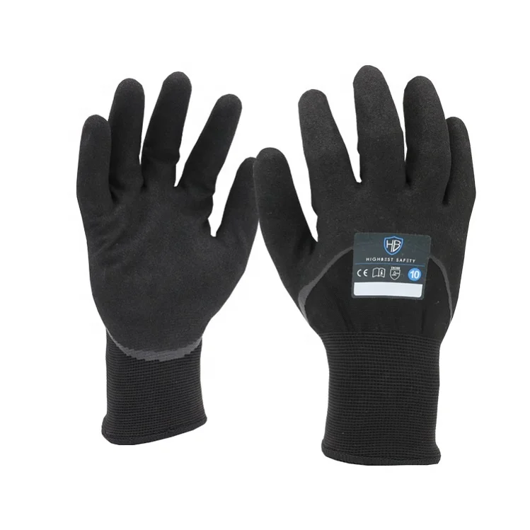 HB SAFETY F POLIC All black double liner sandy nitrile knuckle coated work gloves great grip and oil repellence
