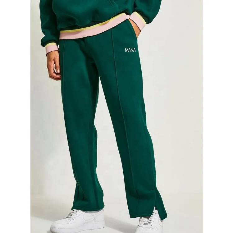 Custom Embroidery Casual Trousers Mens Straight Leg Forest Green Original Split Hem Jogger Track Pants Men