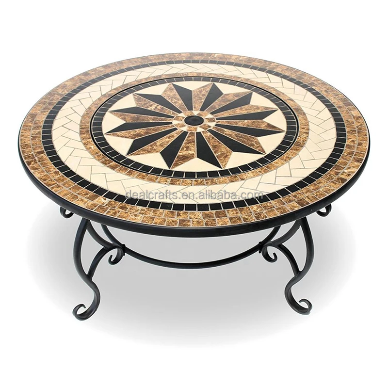 Round Outdoor Iron with Mosaic Top Fire Pit Table Marble Fire Pit