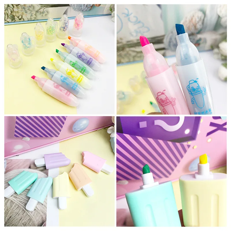 Hot Selling Product Kawaii Ice Cream Highlighter Pen Creative Cartoon Candy Color Marker Pens Mini Highlighters Set For Kids