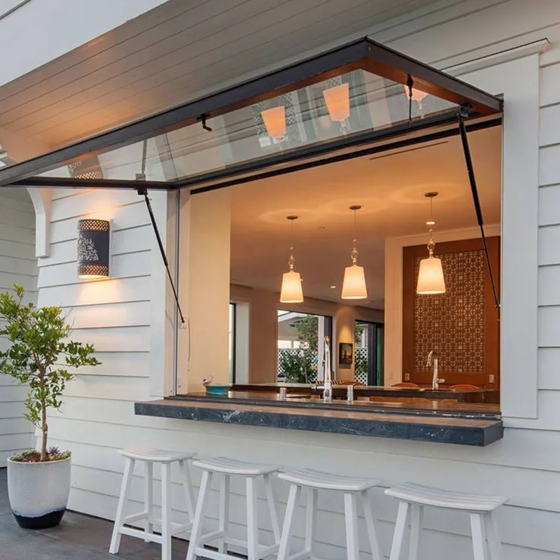 Top Hung Flip Out Window Panoramic Tempered Glass Black Exterior Aluminum Awning Windows For Bar Restaurant