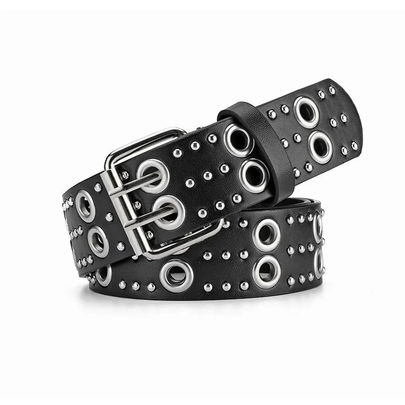 Unisex Metallic Buckle Adjustable Grommet PU Leather Punk Belt with Wide Metal Double Holes Eyelets For Casual Women Jeans