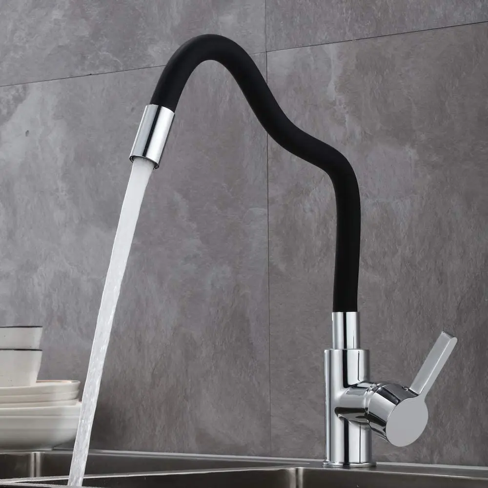 Single Lever Deck Mounted Swiving Silicon Spout Goose Neck Kitchen Faucet